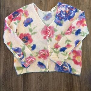 Sezane Floral V-Neck Pearl Button Cardigan - Pink, Blue, Green